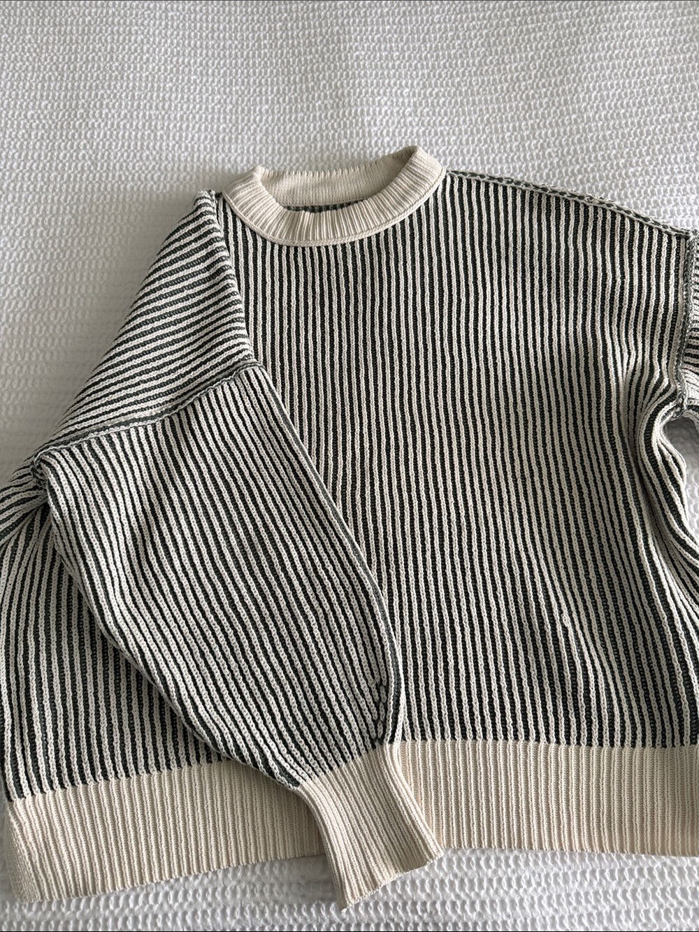 aerie Black and Cream Striped Crewneck Sweater